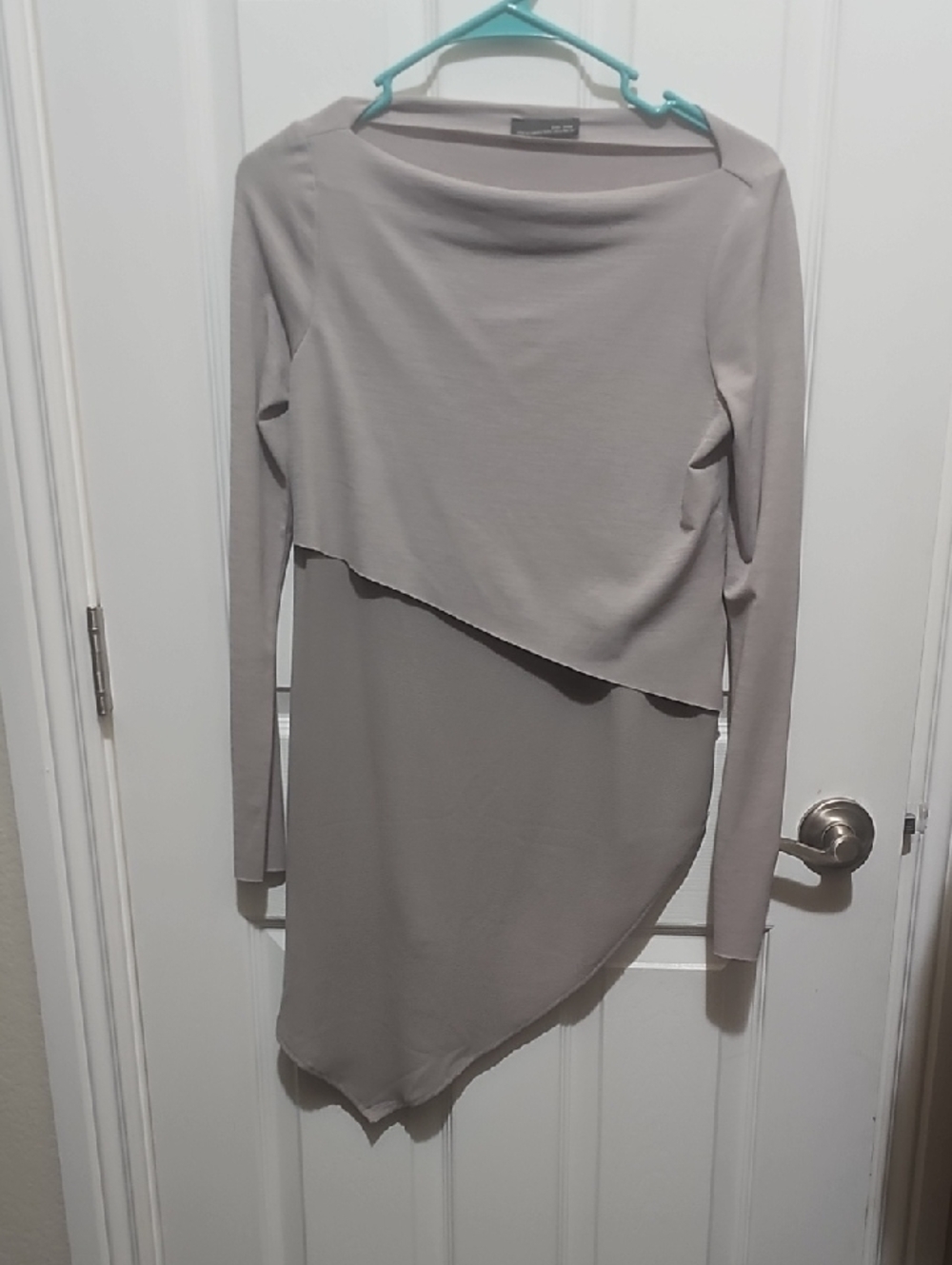 Asymmetrical Long-Sleeve Dress in Taupe